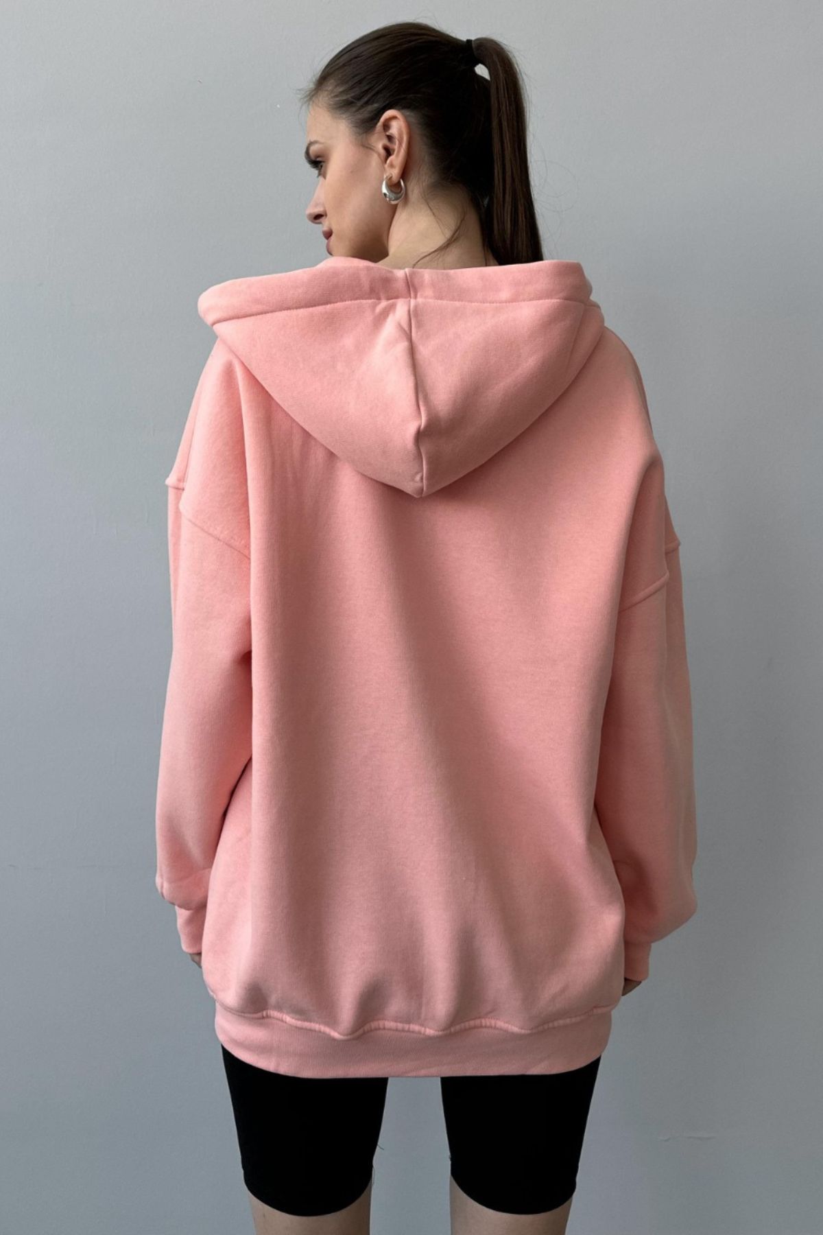 Kadın Üç İplik Şardonlu Oversize Kapüşonlu Pembe Sweatshirt